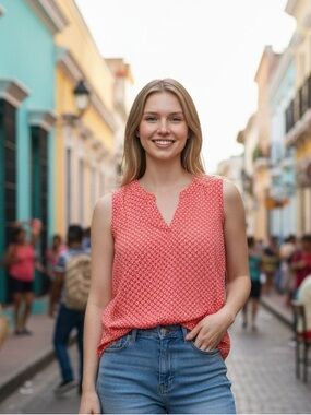 Dalia red printed split neck tank top xl